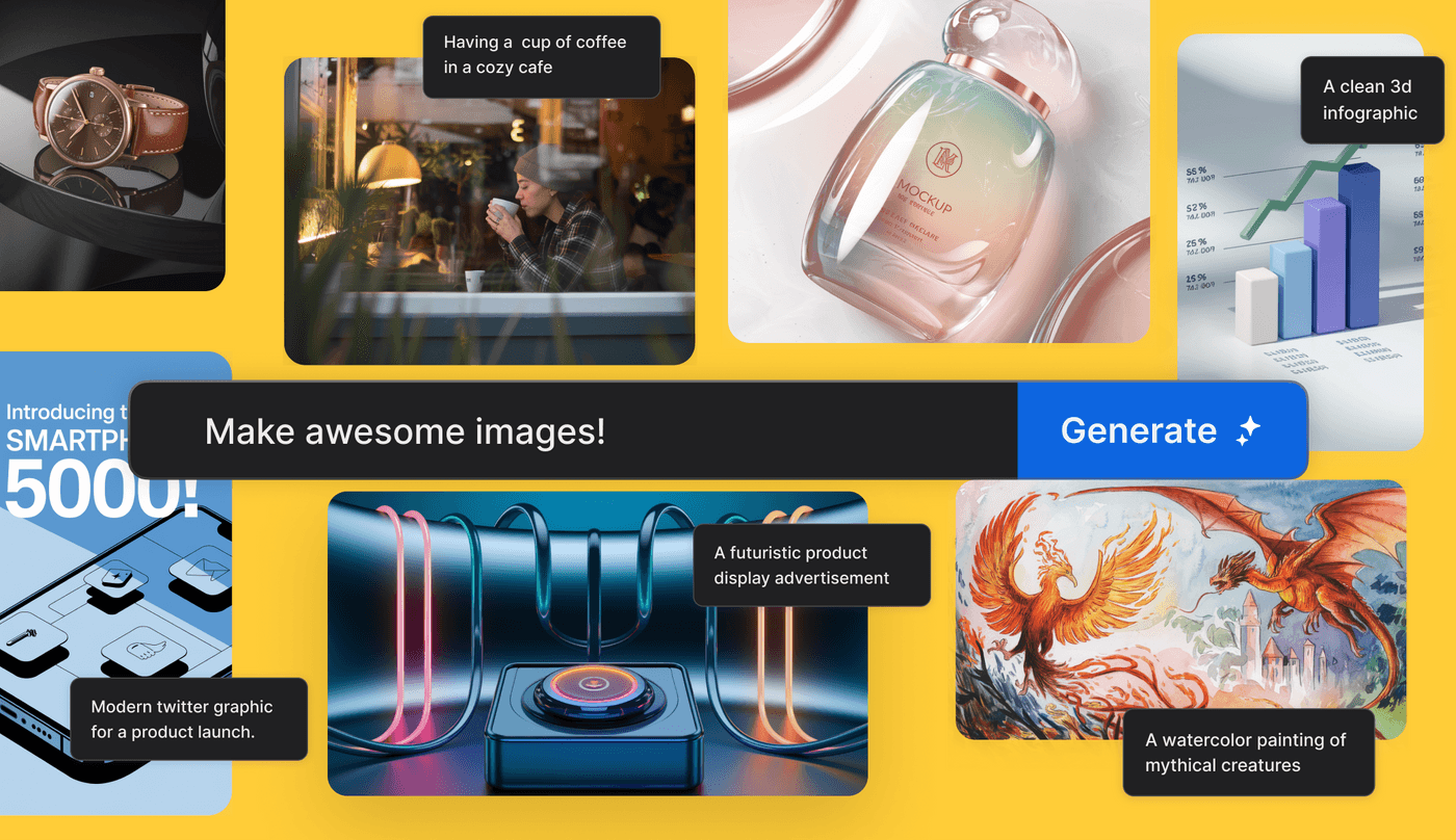 Collection of visually striking AI-generated designs: products, cafes, infographics, technology, and mythical creatures.