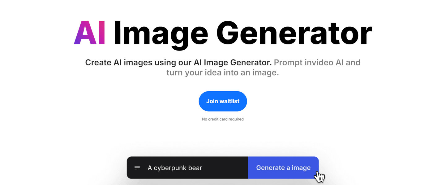 AI Image Generator landing page promoting creation of AI images with a ‘Join waitlist’ button.
