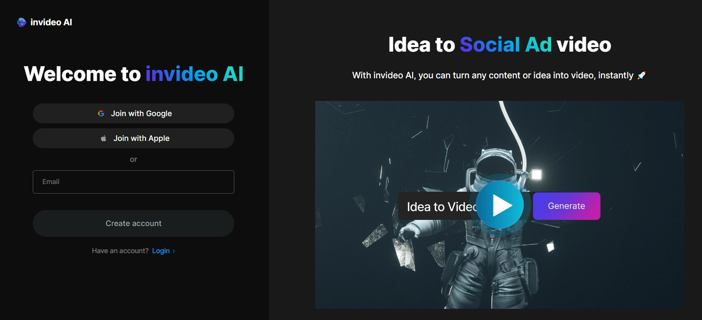 Welcome screen for Invideo AI showcasing login options and video creation features instantly.
