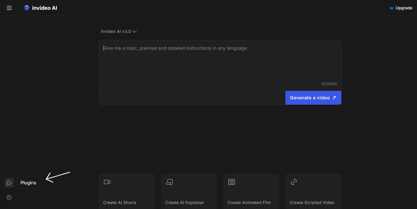 Invideo AI interface showing a plugins section and options for creating AI-based videos.