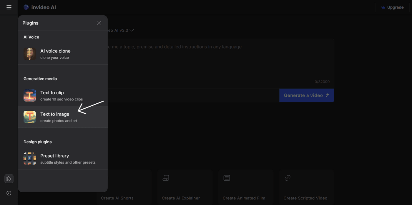 Invideo AI interface displaying a plugin menu, highlighting the “Text to Image” feature for generating visuals.