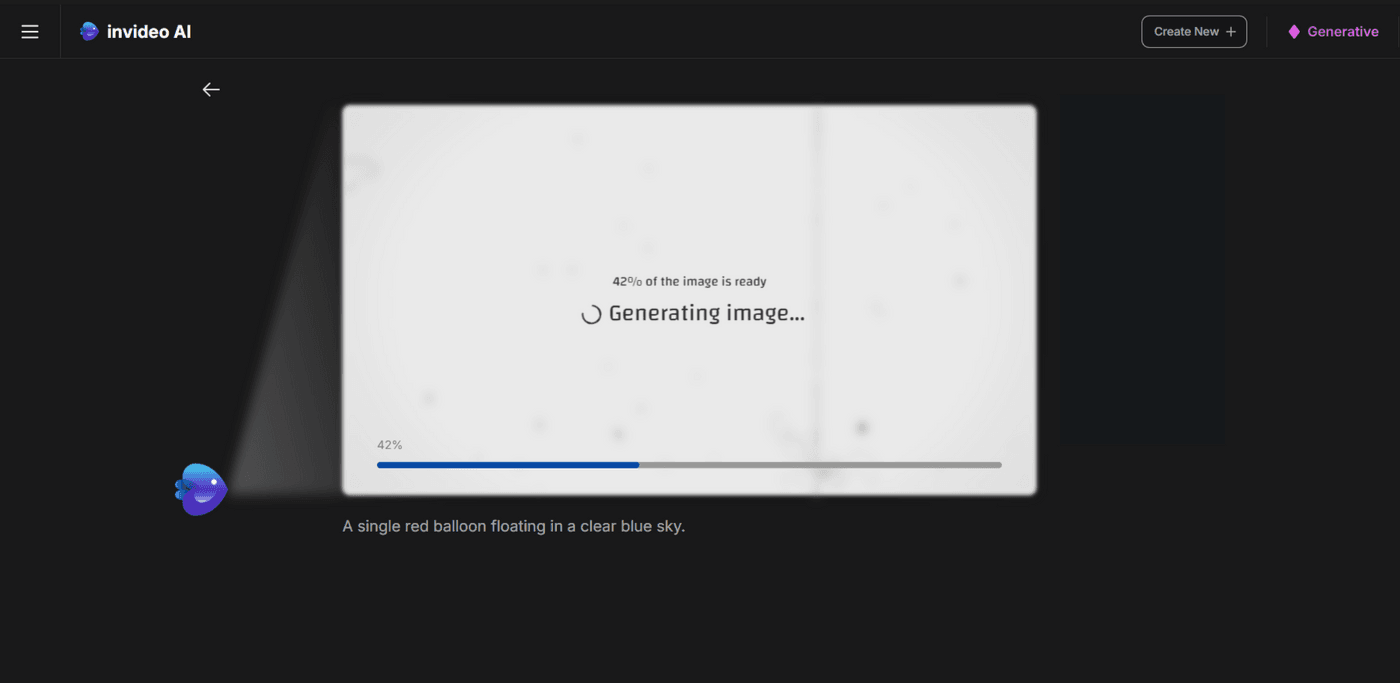 Loading bar at 42% as Invideo AI generates a single red balloon image.